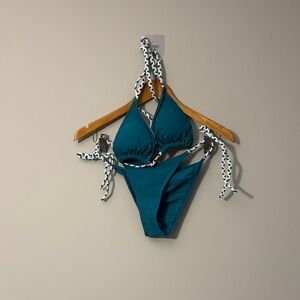Source Unknown Deep Teal Bikini with Black and White Ties